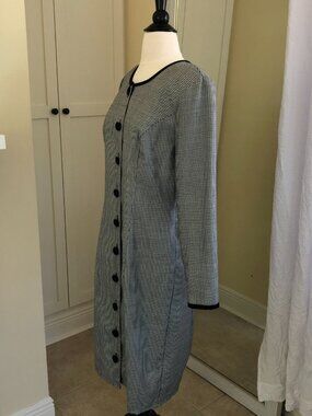 Vintage Misty Lane Midi Dress Sz 14 Black White Houndstooth L/S 90s Office Chic